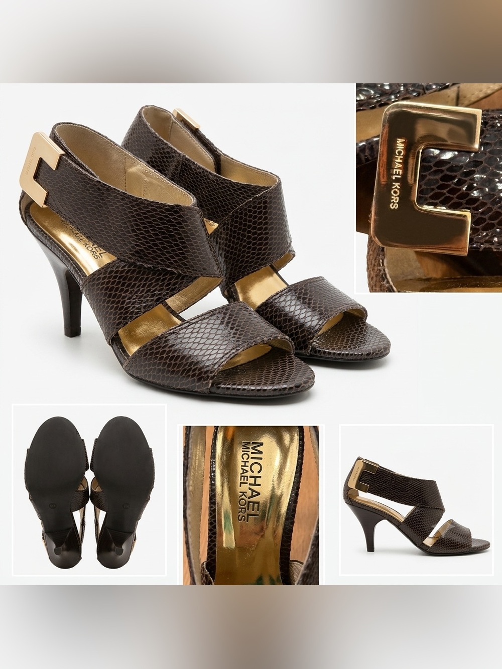 Michael Kors Dark Brown Snake-Embossed Leather Heeled Sandals with Gold Accent